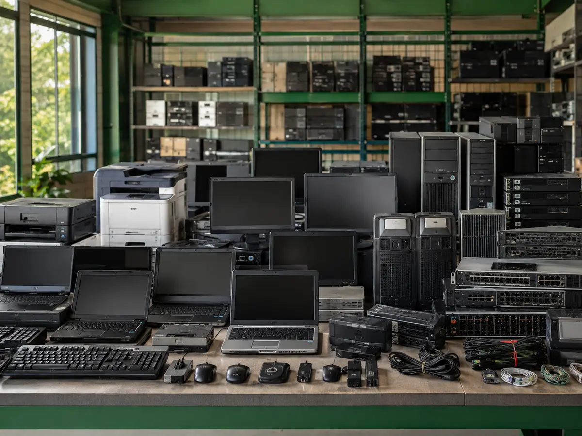 Computers, printers, monitors, servers and cables sorted as IT and electronic scrap