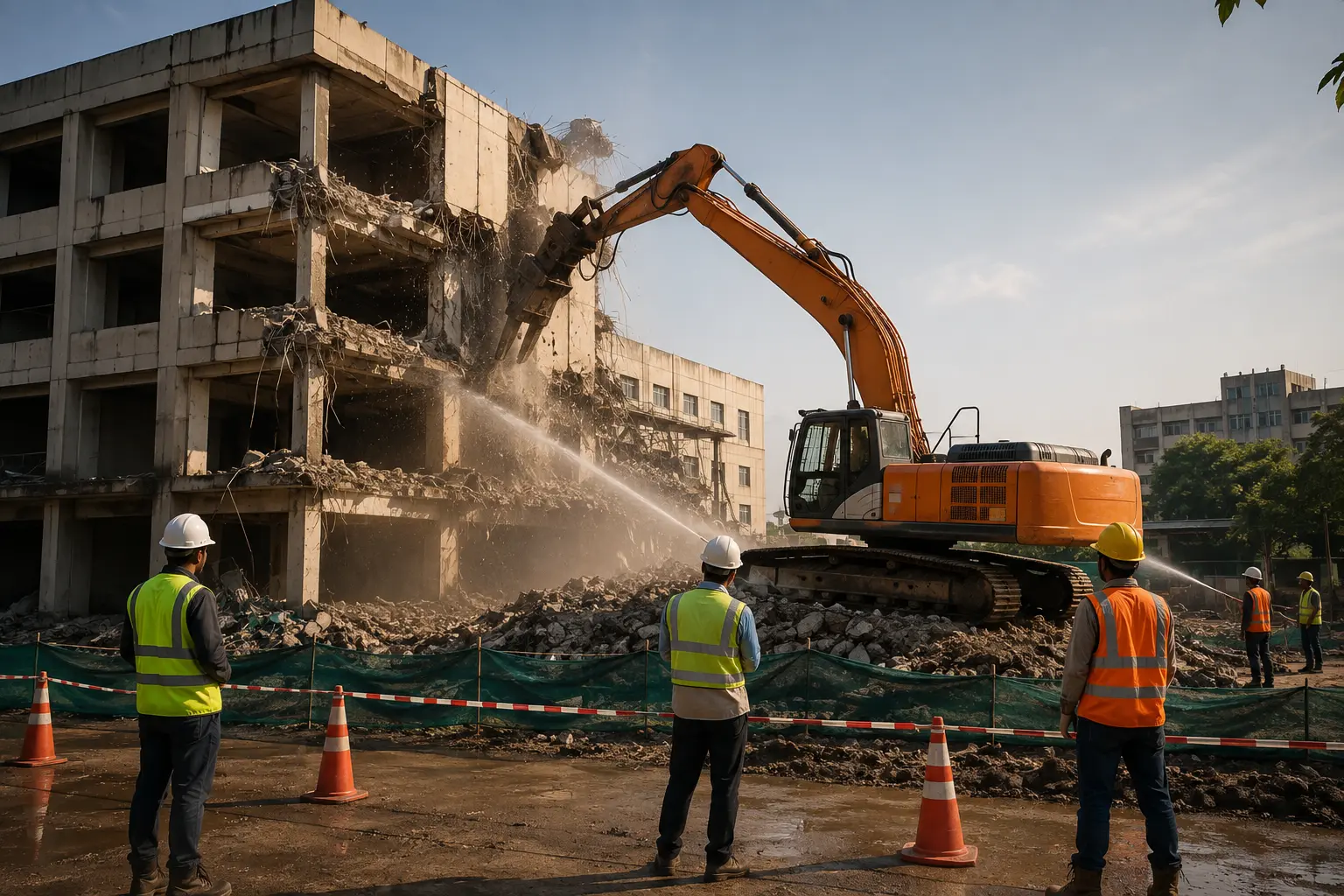 Controlled building demolition with an excavator, dust suppression and a protected work zone