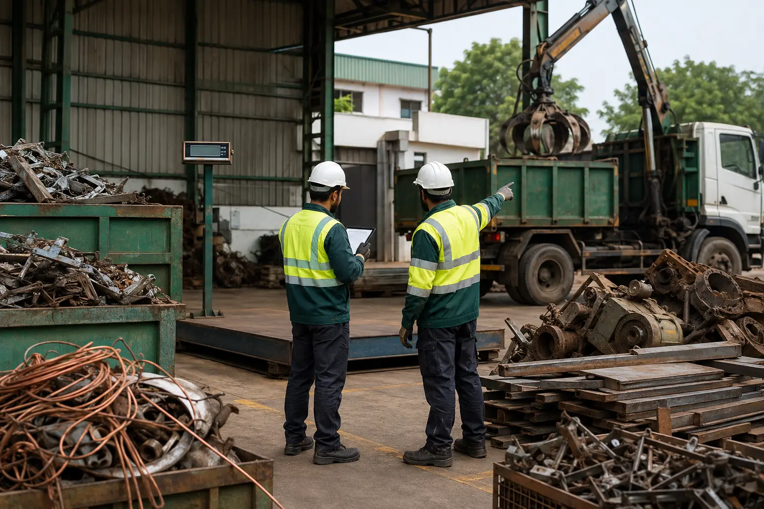 Professional team assessing industrial scrap and planning safe collection