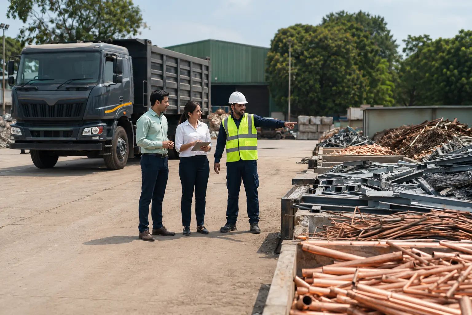 Business representatives discussing a scrap collection requirement during an industrial site visit